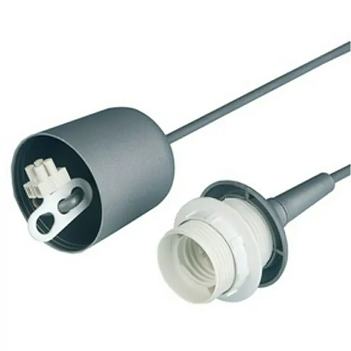 REV Portalámparas colgante E27 - E27, Plateado - Primer plano de un portalámparas con cable, mostrando sus componentes y su preparación para la instalación.