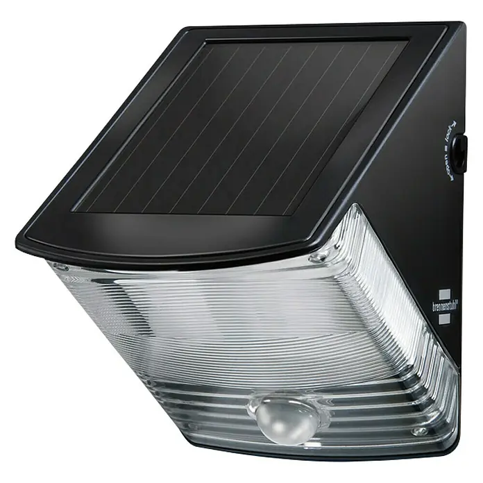 Brennenstuhl LED-Solar-Außenwandleuchte - Bewegungsmelder, 0,5 W, Kunststoff, Schwarz - Eine Nahaufnahme einer Brennenstuhl Solar-Wandleuchte mit Bewegungsmelder. Das Licht ist schwarz mit einer klaren Linse.