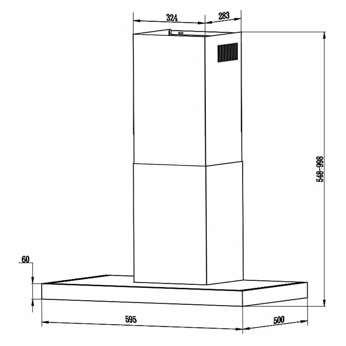 Respekta Blockhaube CH44160G-20 - Breite: 60 cm, Edelstahl - Abbildung eines Dunstabzugshaube-Modells mit detaillierten Maßangaben zu Breite, Höhe und Tiefe für die Küchenplanung.
