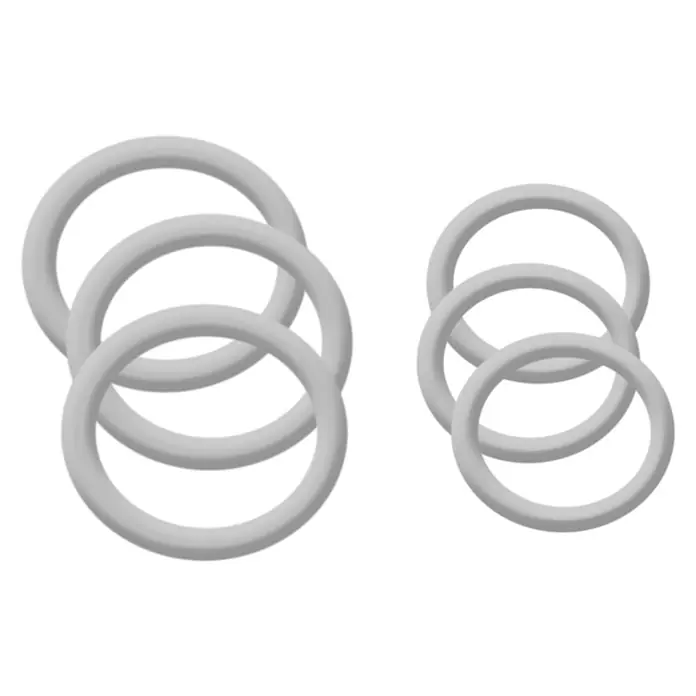 O-Ring - 6 Stk. - Drei ineinander verschlungene, hellgraue Ringe links und drei kleinere, ähnliche Ringe rechts auf schwarzem Hintergrund.