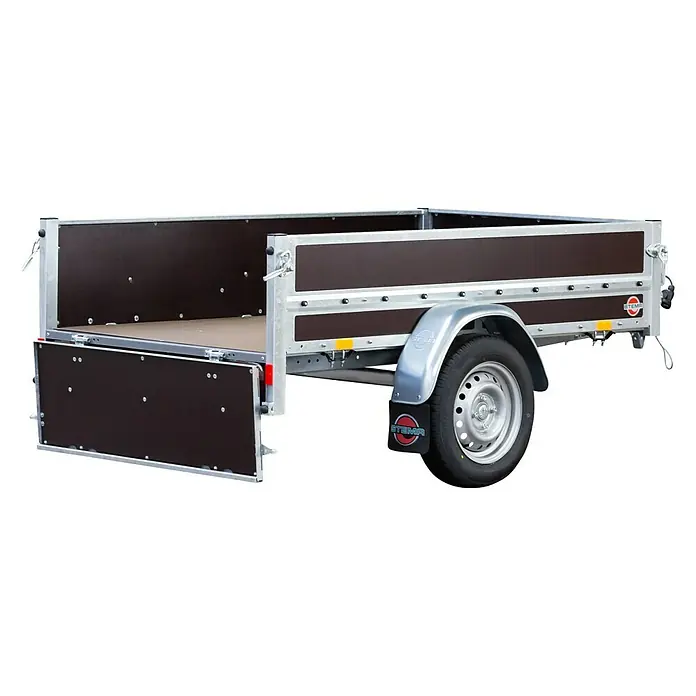 Stema Anhänger WOODOXX 1000 - Nutzlast: 792 kg, Einachser, Kasteninnenmaß: 201 x 115 x 40 cm, Gebremst - Ansicht eines Stema Anhängers mit geöffneter Heckklappe, ideal für den Transport vielfältiger Lasten.