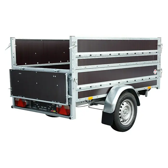 Stema Anhänger WOODOXX 750 mit Bordwandaufsatz u. Flachplane - Nutzlast: 516 kg, Einachser, Kasteninnenmaß: 201 x 115 x 80 cm, Ungebremst - Hier ist ein detailliertes Bild eines TEMPO-Anhängers, der seine robuste Konstruktion und sein praktisches Design zeigt.