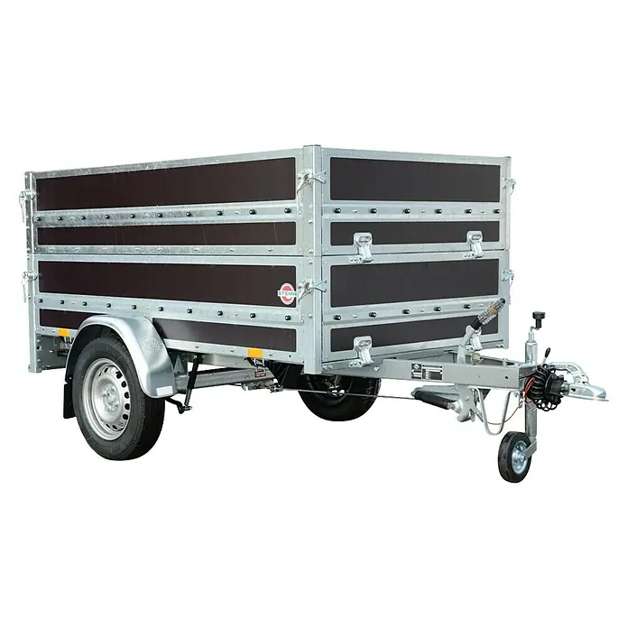 Stema Anhänger WOODOXX 1000 mit Bordwandaufsatz u. Flachplane - Nutzlast: 728 kg, Einachser, Kasteninnenmaß: 201 x 115 x 80 cm, Gebremst - Ein detailliertes Bild eines Anhängers mit stabilen Seitenwänden und robusten Rädern, ideal für vielfältige Transportaufgaben.