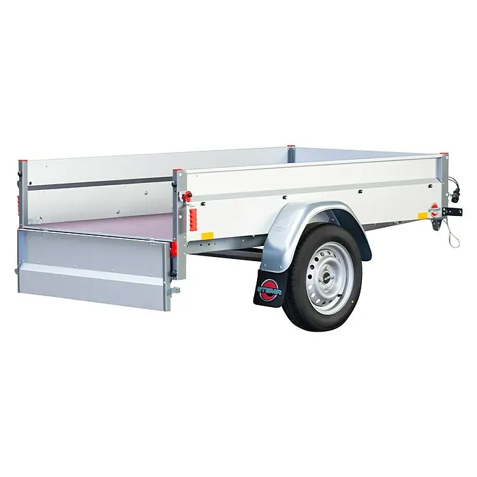 Stema Anhänger Basic 750 mit Bordwandaufsatz u. Flachplane - Nutzlast: 594 kg, Einachser, Kasteninnenmaß: 201 x 108 x 69 cm, Ungebremst - Ein detailreiches Bild eines Stema Anhängers, der für den Transport von Gütern ausgelegt ist. Die Konstruktion ist robust und langlebig.
