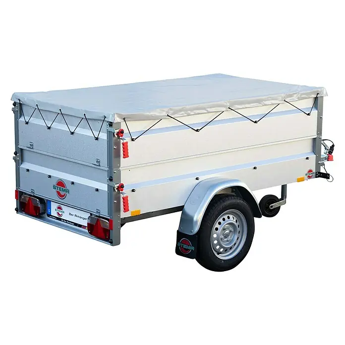 Stema Anhänger Basic 750 mit Bordwandaufsatz u. Flachplane - Nutzlast: 594 kg, Einachser, Kasteninnenmaß: 201 x 108 x 69 cm, Ungebremst - Hier ist ein STEMA Anhänger mit einer Plane, ideal für den sicheren Transport von Gütern. Er ist robust und zuverlässig.