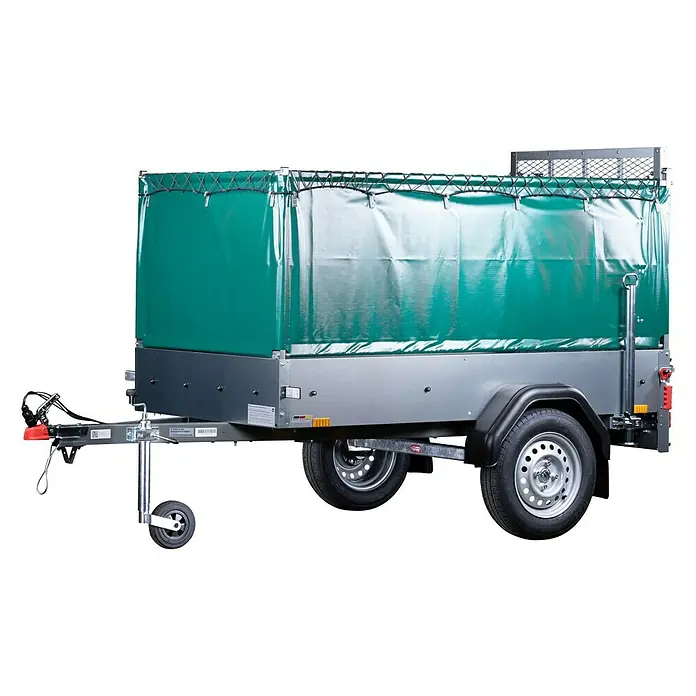 Stema Anhänger Green Keeper 750 mit Hochplane - Nutzlast: 588 kg, Einachser, Kasteninnenmaß: 201 x 108 x 26,5 cm, Ungebremst - Ein Anhänger mit grüner Plane und robustem Fahrgestell. Ideal für Transportaufgaben aller Art.