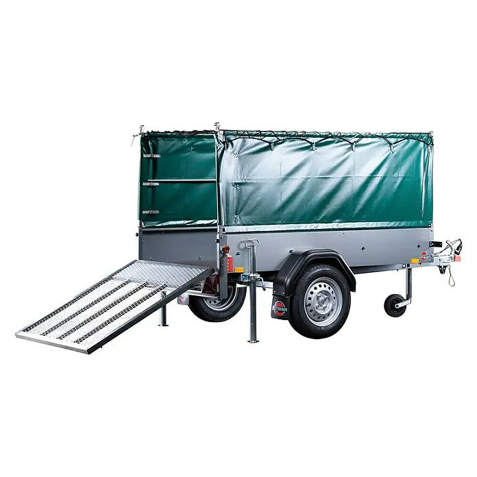 Stema Anhänger Green Keeper 750 mit Hochplane - Nutzlast: 588 kg, Einachser, Kasteninnenmaß: 201 x 108 x 26,5 cm, Ungebremst - Hier ist ein Anhänger mit Plane und einer Rampe, die das Be- und Entladen erleichtert. Der Anhänger ist ideal für den Transport von Gütern.