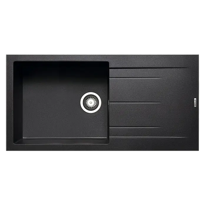 Pyramis Einbauspüle Alazia - 100 x 50 cm, Carbon - Ansicht eines schwarzen Pyramis Küchenspülbeckens aus Granit mit Abtropffläche. Elegantes und funktionales Design für moderne Küchen.