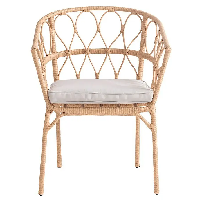 Silla de jardín Marius - Natural, Ratán sintético - Diseño elegante de silla de ratán con un cómodo cojín de asiento de color claro, perfecto para espacios de vida o patios elegantes.