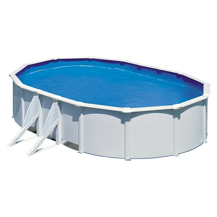Gre Piscina de acero desmontable Fidji - L x An x Al: 500 x 300 x 120 cm, Blanco, 14.550 l - Una piscina ovalada sobre el suelo con revestimiento azul y marco blanco. Ofrece una forma refrescante de disfrutar del verano.