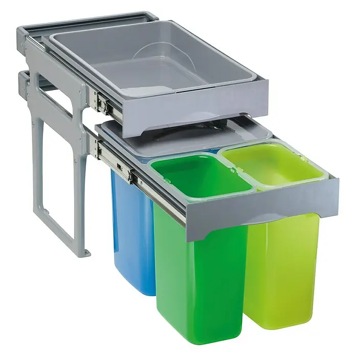 Pyramis Einbaumülleimer Einbau-Abfallsammler Color 3fach Plus - 16 l, Kunststoff, Grau/Blau/Grün/Gelb - Bild eines Mülltrennsystems mit herausziehbaren Behältern in Grau, Blau, Grün und Gelb. Das System ist für die Montage in Küchenschränken konzipiert.