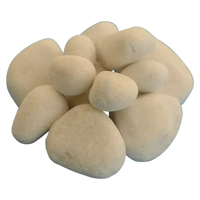 BHS Málaga Guijarro - Grano: 20 mm - 40 mm, Blanco, 1.000 kg - Pila de guijarros decorativos blancos.
