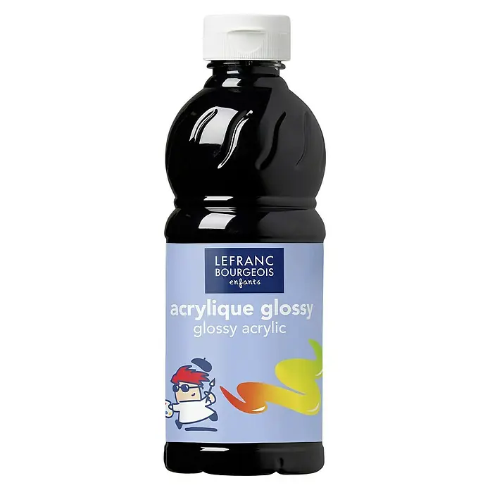 Lefranc & Bourgeois Acrylfarbe Glossy - Schwarz, 500 ml, Flasche - Schwarze LEFRANC BOURGEOIS Acrylfarbe in einer Plastikflasche mit weißem Deckel für Kinder, ideal für glänzende Ergebnisse.