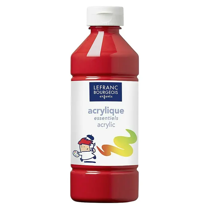 Lefranc & Bourgeois Acrylfarbe - Primärrot, 500 ml, Flasche, Geeignete Malgründe: Gips - Rote Acrylfarbe von Lefranc Bourgeois Enfant in einer Plastikflasche mit einem weißen Etikett mit dem Logo der Marke.