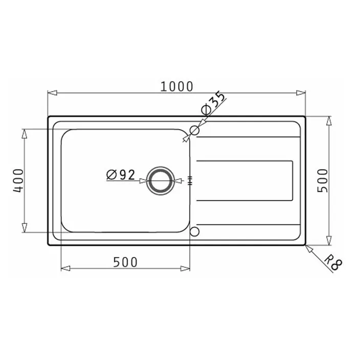 Pyramis Einbauspüle Alea Plus - 50 x 100 cm, Edelstahl - Schema einer rechteckigen Spüle mit Abtropffläche, Abmessungen 1000x400 mm. Die Spüle hat ein Ø92 mm Ablaufloch und ein Ø35 mm Hahnloch.