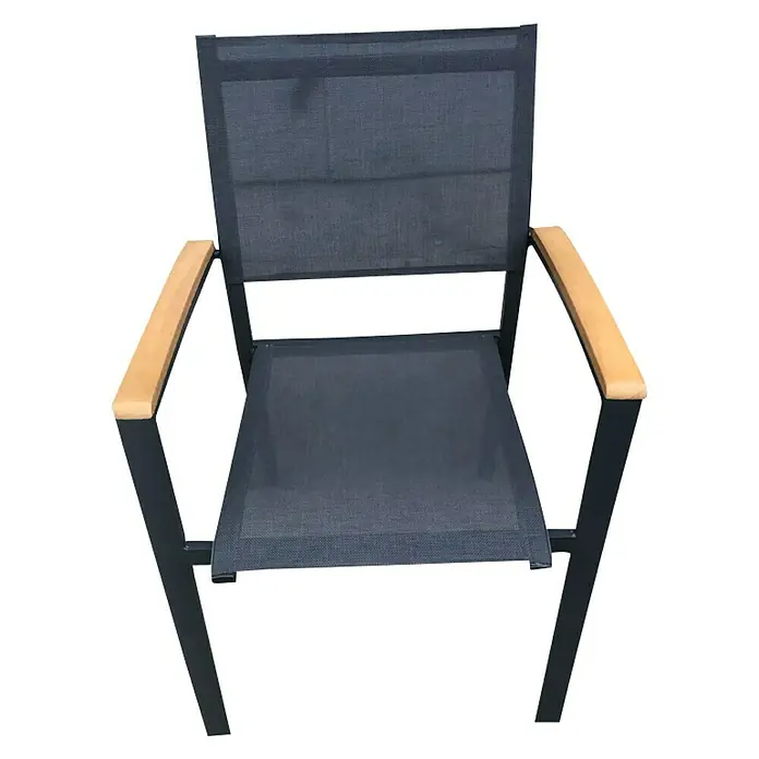 Silla de jardín Ariadna - Antracita / Marrón natural, Eucalipto, Apilable - Diseño elegante de silla de jardín con tela antracita y reposabrazos de madera clara, ideal para la relajación al aire libre.