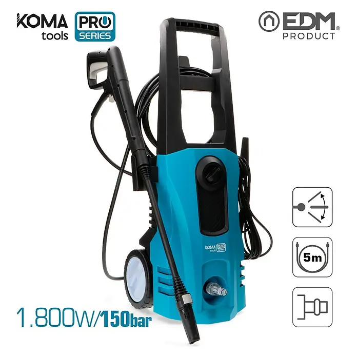 Koma Tools PRO Series Hidrolimpiadora de alta presión 08681 - 150 bar, 1.800 W, Capacidad de bombeo: 360 l/h - Imagen de una hidrolimpiadora KOMA Pro azul con accesorios, ideal para tareas de limpieza al aire libre.