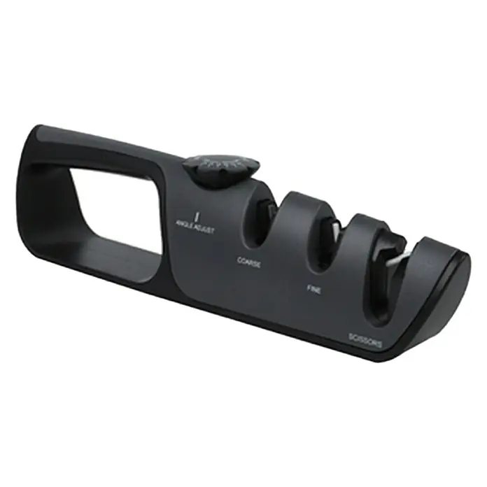 Afilador Premium - Específico para: Tijeras, cuchillos y navajas - La imagen muestra un afilador de cuchillos con varias etapas de afilado y un mango para un uso fácil.