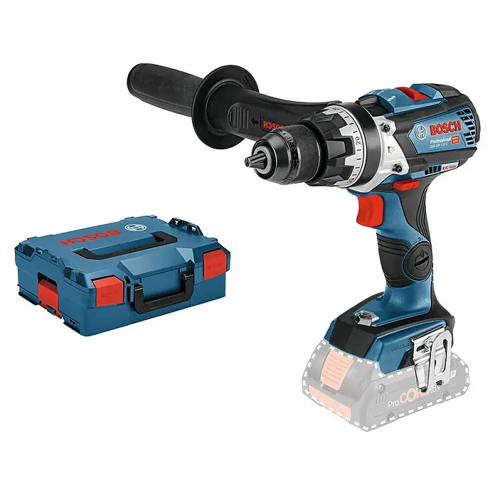 Bosch Professional AMPShare 18V Taladro atornillador percutor de batería GSB 18V-110 C - 18 V, Sin batería, 110 Nm, Con maletín - Imagen de un taladro combinado inalámbrico Bosch Professional GSB 18V-110 C con accesorios, ideal para profesionales y aficionados al bricolaje exigentes.