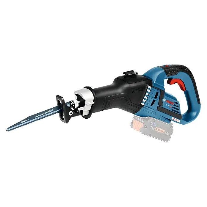 Bosch Professional AMPShare 18V Akku-Säbelsäge GSA 18V-32 - 18 V, Ohne Akku, 0 /min - 2.500 /min, Koffer - Akku-Säbelsäge von Bosch Professional mit blau-schwarzem Design und eingesetztem Sägeblatt für schwere Metalle.