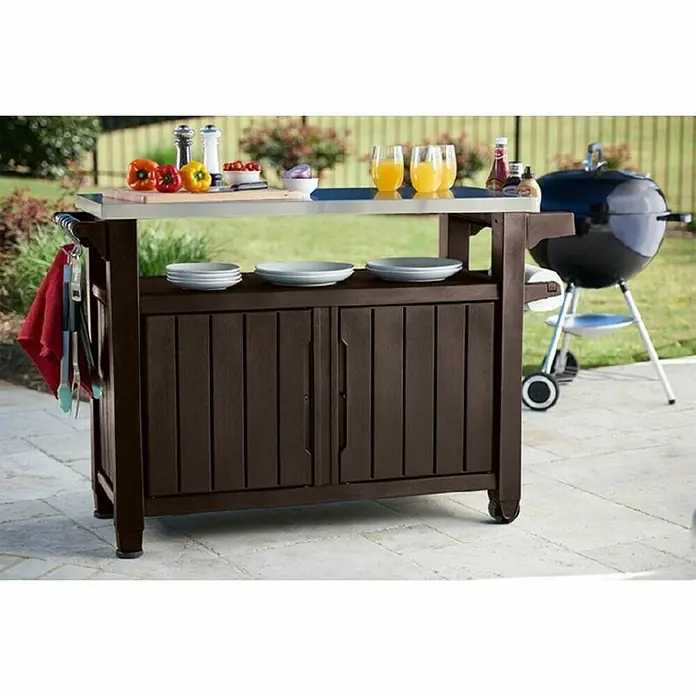 Keter Mesa de servicio Unity XL - 123,7 x 54 cm, Plástico, Marrón - Isla de cocina marrón para exteriores con encimera de acero inoxidable, ideal para barbacoas y fiestas en el jardín. Ofrece almacenamiento y espacio.