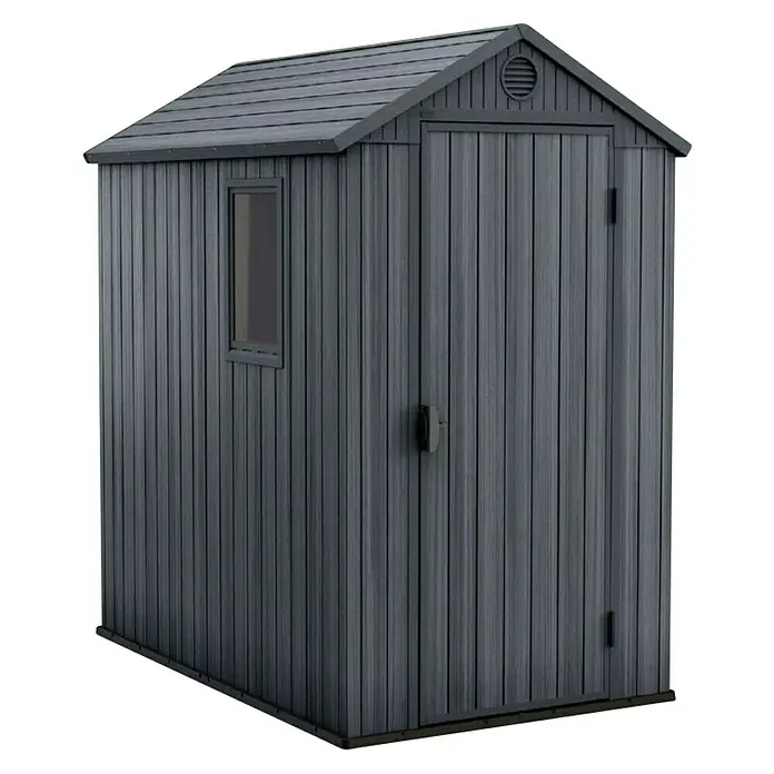 Keter Caseta de jardín Darwin 4x6 - Medidas ext. (An x Pr): 125,8 x 184,5 cm, Plástico, Gris, 2,3 m² - Un cobertizo de jardín gris con una puerta y una ventana, ideal para guardar herramientas de jardín y otros equipos, ofreciendo almacenamiento exterior.