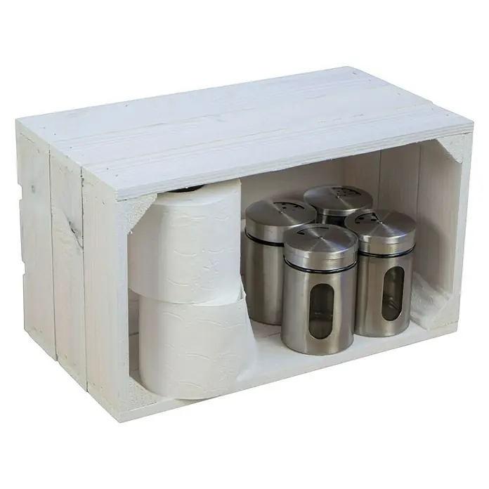 Holzkiste Hilde - L x B x H: 38 x 22 x 19 cm, Weiß - Ein weißer Holzkasten mit Toilettenpapier und vier Edelstahlbehältern mit Sichtfenster. Ideal zur Badaufbewahrung.