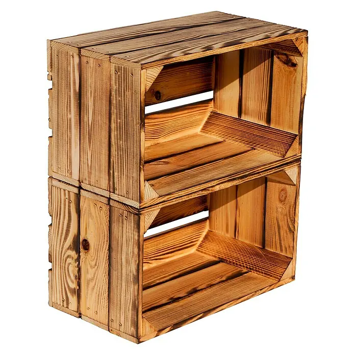 Holzkiste Hilde - L x B x H: 38 x 22 x 19 cm, Braun - Zwei übereinander gestapelte rustikale Holzkisten. Die Kisten sind aus hellem Holz gefertigt und weisen eine schöne Maserung auf.