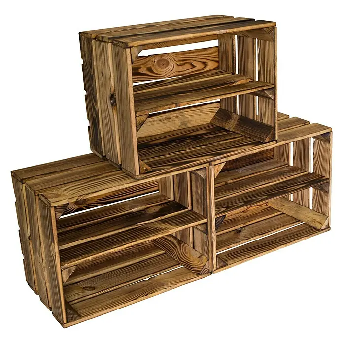 Holzkiste Bella mit Längsbrett - L x B x H: 40 x 30 x 25 cm, Braun - Drei rustikale Holzregale gestapelt, ideal zur stilvollen Aufbewahrung und Dekoration im Wohnbereich.