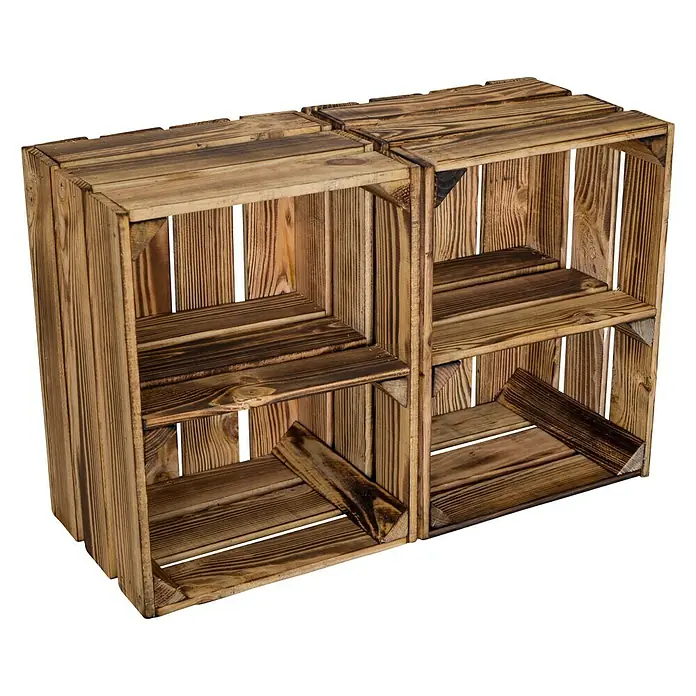 Holzkiste Bella mit Querbrett - L x B x H: 40 x 30 x 25 cm, Braun - Zwei rustikale Holzkisten als Regalelement. Perfekt für DIY-Projekte und zur Aufbewahrung. Das Holz ist dunkel gebeizt und verleiht einen vintage Charme.