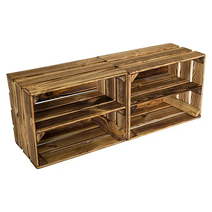 Holzkiste Bella mit Längsbrett - L x B x H: 40 x 30 x 25 cm, Braun - Holzkistenregal mit zwei braunen, modularen Kisten, die eine rustikale Aufbewahrungslösung bieten.