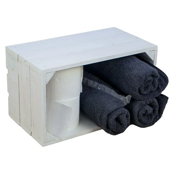 Holzkiste Hilde - L x B x H: 38 x 22 x 19 cm, Weiß - Aufbewahrungskiste aus Holz, weiß lackiert, mit Handtüchern und Toilettenpapier gefüllt, für Badezimmerutensilien.
