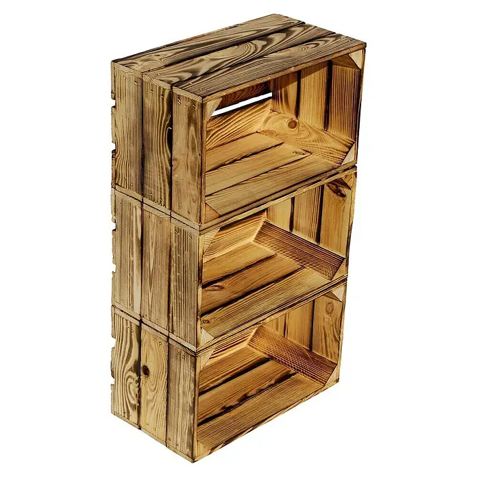 Holzkiste Hilde - L x B x H: 38 x 22 x 19 cm, Braun - Drei rustikale Holzkisten, gestapelt, bieten stilvollen Stauraum. Das natürliche Design macht sie zu einem dekorativen Element im Raum.