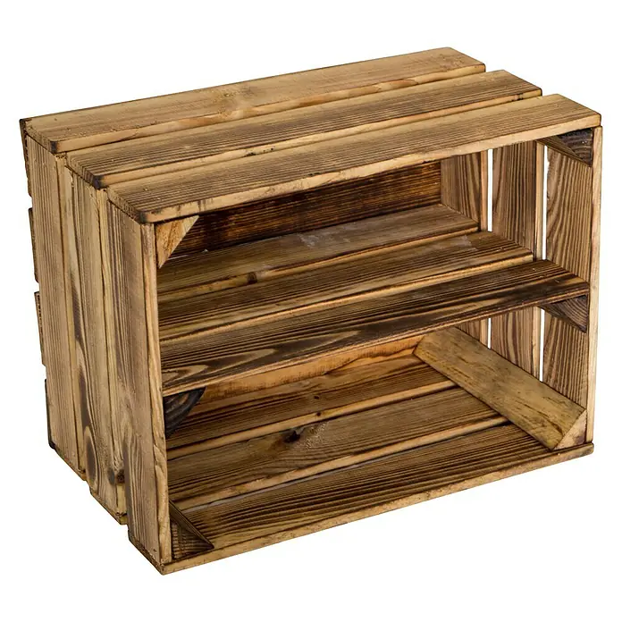 Holzkiste Bella mit Längsbrett - L x B x H: 40 x 30 x 25 cm, Braun - Ein rustikaler, brauner Holzkasten mit zwei Regalfächern, ideal für Lagerung und Dekoration. Gefertigt aus robustem Holz mit sichtbarer Maserung.