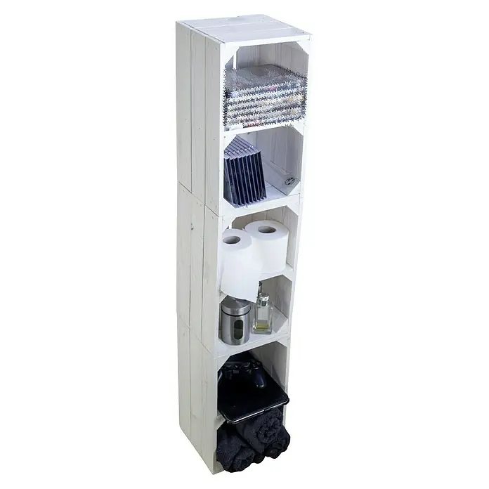 Holzkiste Hilde mit Querbrett - L x B x H: 38 x 22 x 19 cm, Weiß - Dieser schmale, weiße Holzregal-Turm bietet auf mehreren Ebenen Stauraum für DVDs, Toilettenpapier, Kosmetik und Handtücher.