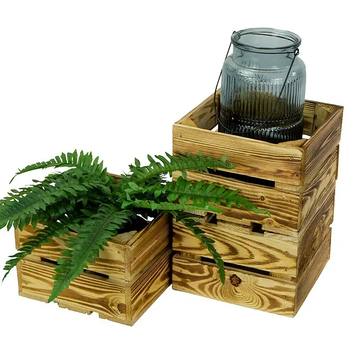 Holzkiste Lotta - L x B x H: 22 x 22 x 15 cm, Braun - Das Bild zeigt eine stilvolle Dekoration mit einer Glasvase und einem Farn in Holzkisten, perfekt für eine rustikale Atmosphäre.