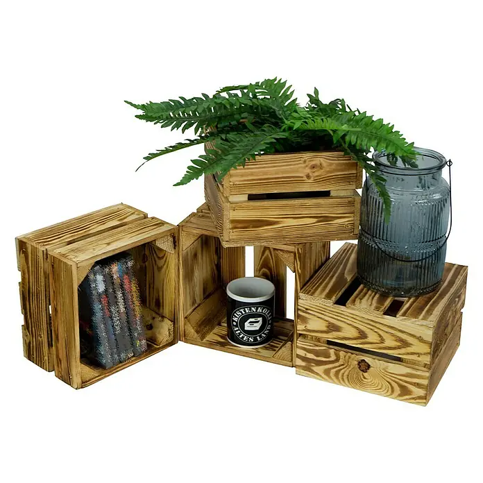 Holzkiste Lotta - L x B x H: 22 x 22 x 15 cm, Braun - Holzboxen-Set mit Dekoration: Eine Pflanze, ein Glasgefäß, Bücher und eine Tasse in rustikalen Holzkisten gestapelt.