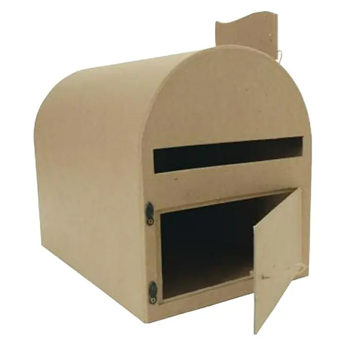 Décopatch Pieza decorativa Buzón cartas - 1 ud., Cartón, 19 x 23 cm - Primer plano de un buzón de madera sin pintar con puerta abierta, ideal para manualidades y decoración.