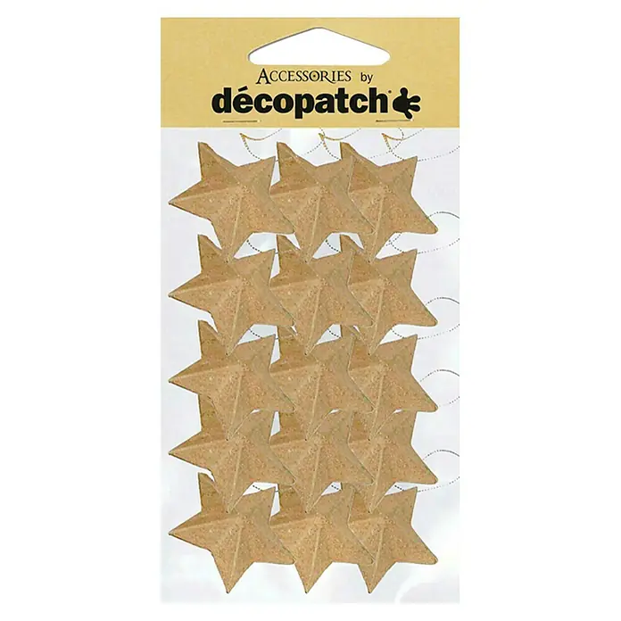 Décopatch Pieza decorativa pack estrellas con cordón - 15 ud., Cartón, 3 x 20 cm - Accesorios Deco-Patch: Un paquete de 15 pequeñas estrellas artesanales marrones para manualidades y decoración, perfectas para proyectos creativos.