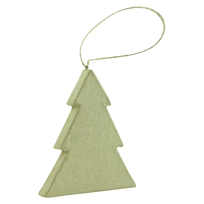 Décopatch Pieza decorativa Pino plano colgante - 1 ud., Cartón, 1 x 8 cm - Un adorno de árbol de Navidad de un solo lado y tres niveles hecho de cartón claro con una cuerda para colgar sobre un fondo negro.