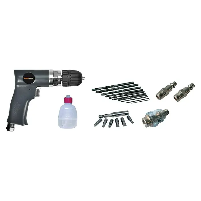 Craftomat Kit Line Druckluft-Bohrmaschinen-Set - Betriebsdruck: 6 bar, Luftverbrauch: 200 l/min, Leerlaufdrehzahl: 2.000 U/min - Abgebildet ist ein Craftomat-Druckluftbohrer mit Zubehör, darunter Bohrer, ein Ölfläschchen und verschiedene Aufsätze. Ein vielseitiges Werkzeugset.