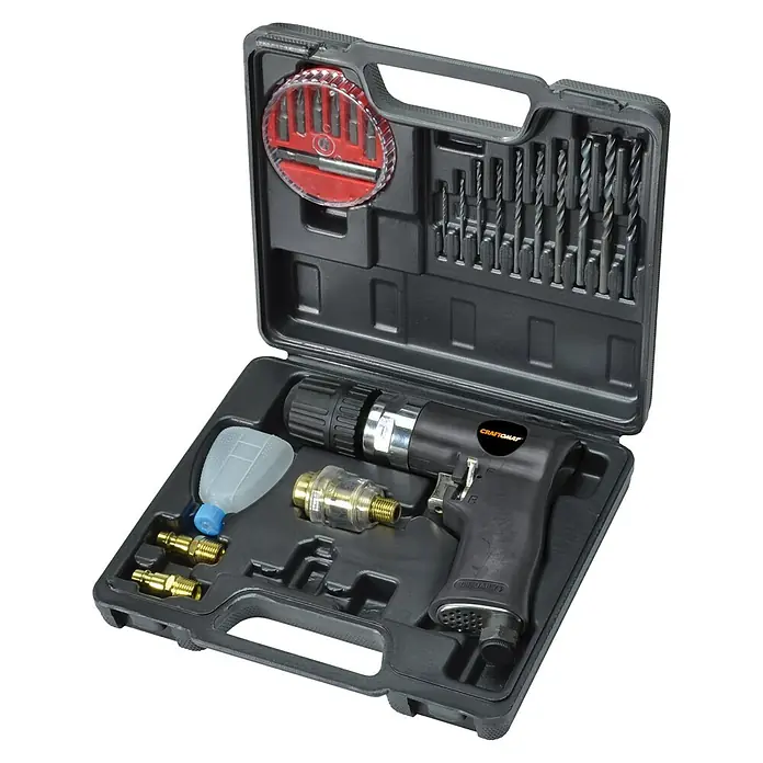 Craftomat Kit Line Druckluft-Bohrmaschinen-Set - Betriebsdruck: 6 bar, Luftverbrauch: 200 l/min, Leerlaufdrehzahl: 2.000 U/min - Ein offener Werkzeugkasten mit einem Druckluftbohrer-Set, komplett mit Bits, Bohrern und Zubehör.