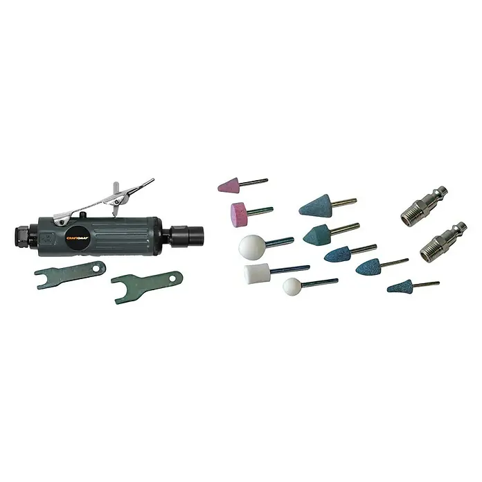 Craftomat Kit Line Geradschleifer-Set - Betriebsdruck: 6 bar, Luftverbrauch: 170 l/min, Leerlaufdrehzahl: 25.000 U/min - Das Bild zeigt einen Druckluft-Schleifer mit verschiedenen Schleifaufsätzen und Zubehör für diverse Schleifarbeiten.