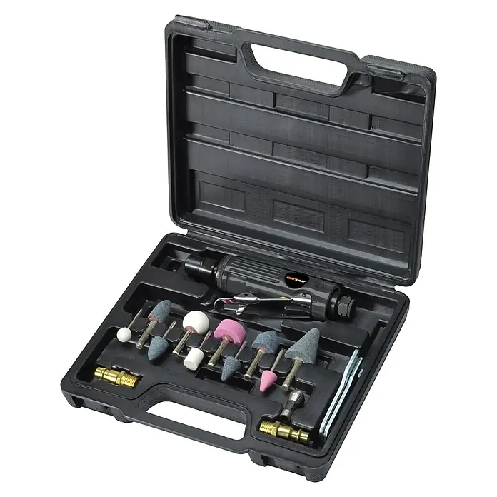 Craftomat Kit Line Geradschleifer-Set - Betriebsdruck: 6 bar, Luftverbrauch: 170 l/min, Leerlaufdrehzahl: 25.000 U/min - Das Bild zeigt ein Set von Schleifwerkzeugen in einem schwarzen Werkzeugkasten, inklusive eines Druckluftschleifers und verschiedenen Schleifaufsätzen.