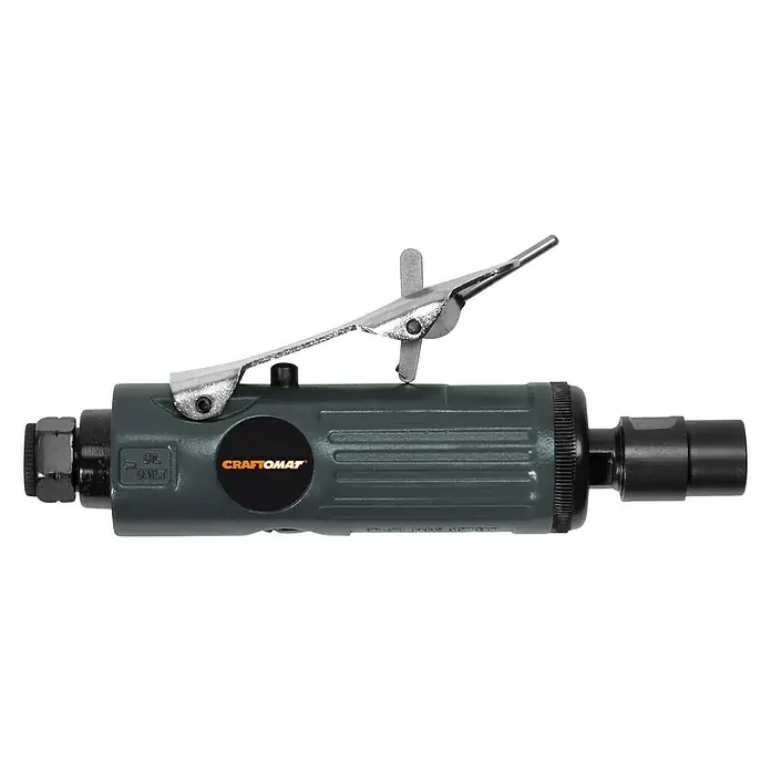 Craftomat Kit Line Geradschleifer-Set - Betriebsdruck: 6 bar, Luftverbrauch: 170 l/min, Leerlaufdrehzahl: 25.000 U/min - Nahaufnahme eines Druckluftschleifers von Craftomat vor schwarzem Hintergrund, der ein robustes Design und professionelle Werkzeugqualität zeigt.