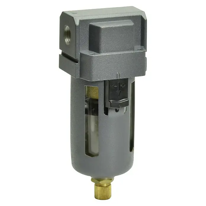 Craftomat Wasserabscheider - Größe Anschluss: ¼″ - Grauer pneumatischer Filter mit durchsichtigen Schlitzen, durch die ein interner Messingmechanismus sichtbar ist.