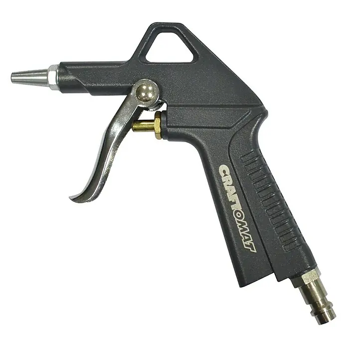 Craftomat Ausblaspistole - Kurze Spitze - Abbildung einer Craftomat Ausblaspistole mit schwarzem Griff und silberfarbenen Details auf schwarzem Hintergrund.