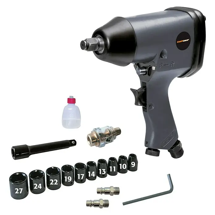 Craftomat Druckluft-Schlagschrauber-Set Kit Line - Betriebsdruck: 6 bar, Luftverbrauch: 150 l/min - Ein Druckluft-Schlagschrauber-Set mit verschiedenen Steckschlüsseln, Verlängerung, Ölflasche und Zubehör für Reparaturarbeiten.