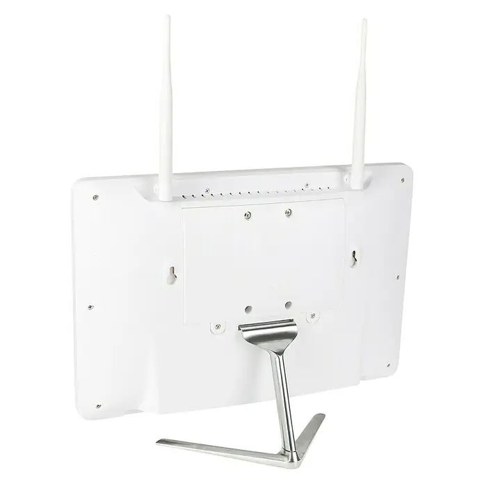 Safe2Home Überwachungskamera-Set POE - Auflösung: 1280 x 1024 Pixel, 4 Stk. - Rückansicht eines weißen digitalen Fotorahmens mit zwei Antennen und einem silbernen Ständer.