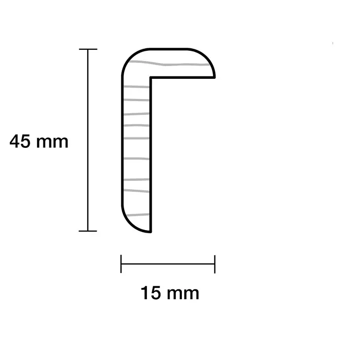 Winkelleiste - 90 cm x 45 mm x 15 mm, Kiefer - Abbildung eines Holzprofils mit den Maßen 45 mm Höhe und 15 mm Breite.